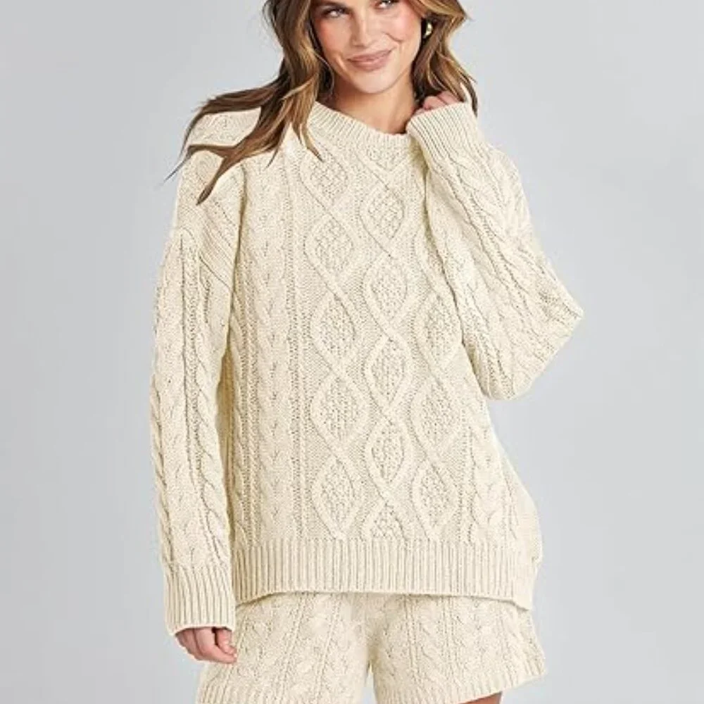 ANRABESS Women's Beige 2 Piece Cable Knit Pullover Sweater and Shorts Large - Picture 4 of 7